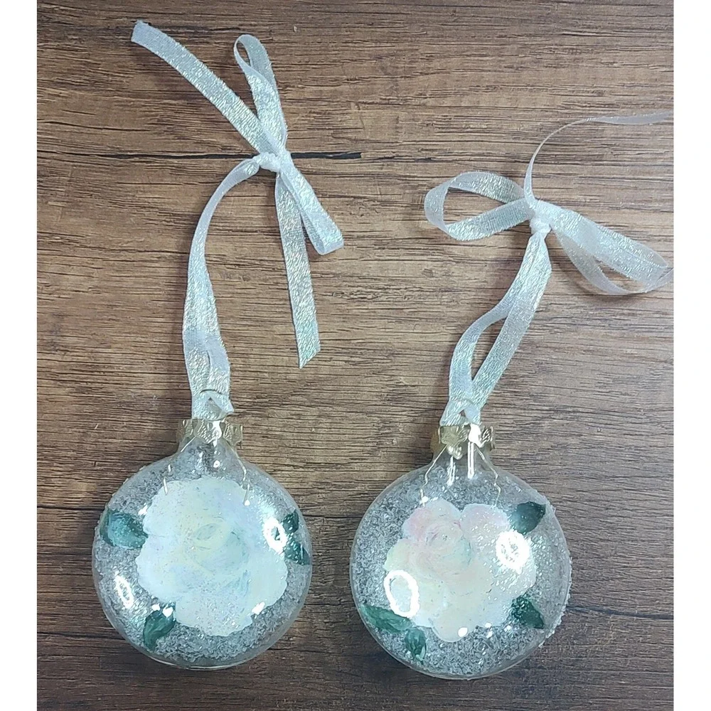 2 Hand Painted Clear Frosted Rose Round Shaped Christmas Ornaments B2